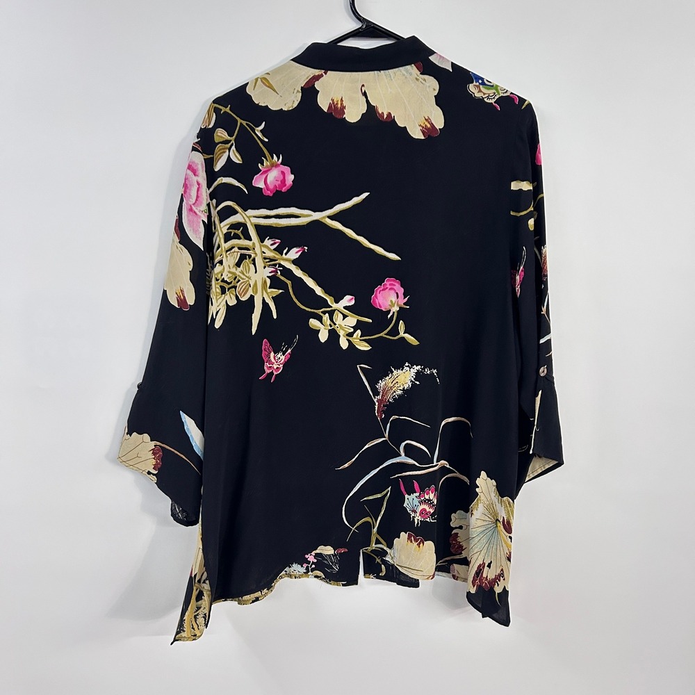 Citron Santa Monica 100% Silk Tunic 2X Black Floral Asian Art to Wear Boho - Picture 9 of 11